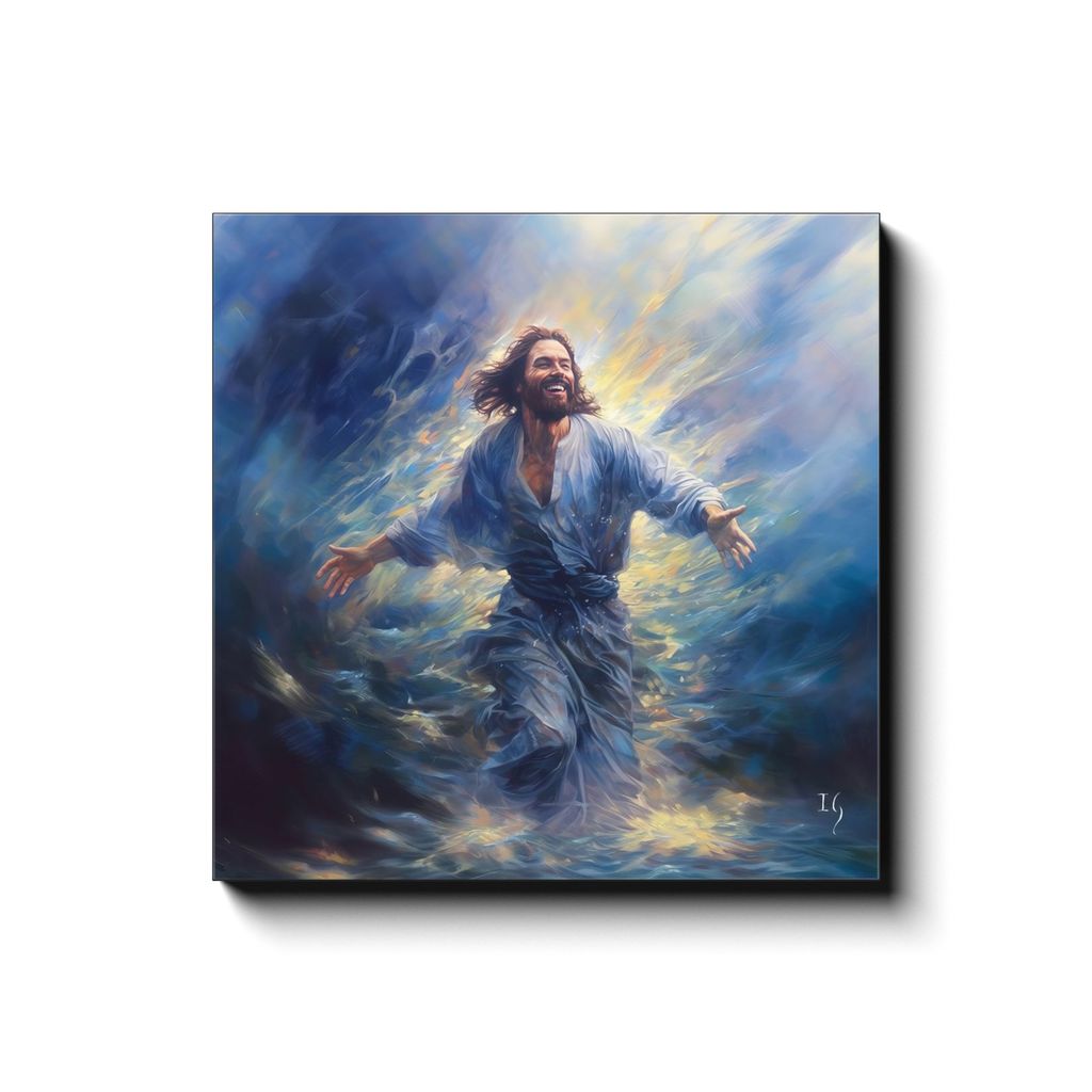 Calmly Conquering the Currents canvas print in room setting - smiling jesus by Ivan Guaderrama