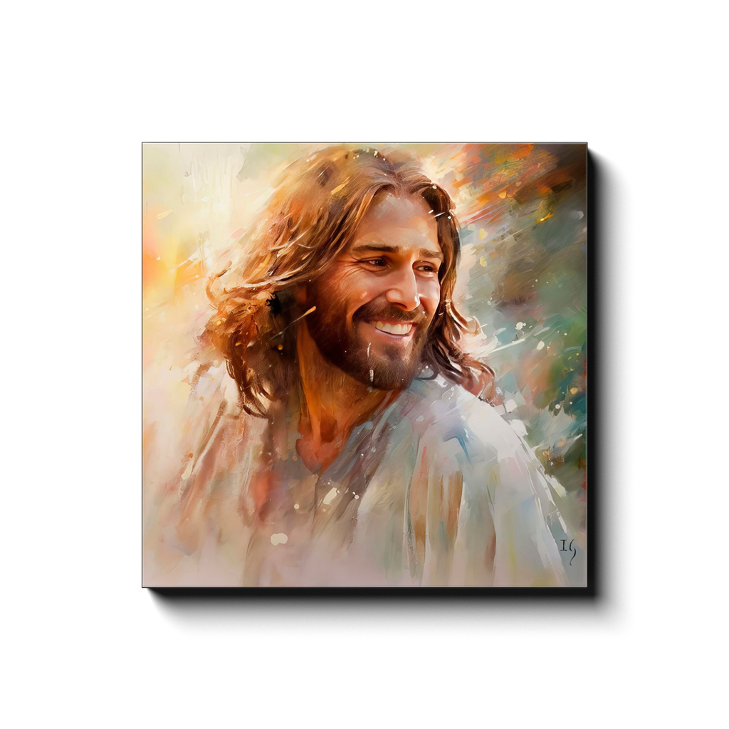 Jesus - Dawn's Gentle Embrace canvas print in room setting - smiling jesus by Ivan Guaderrama