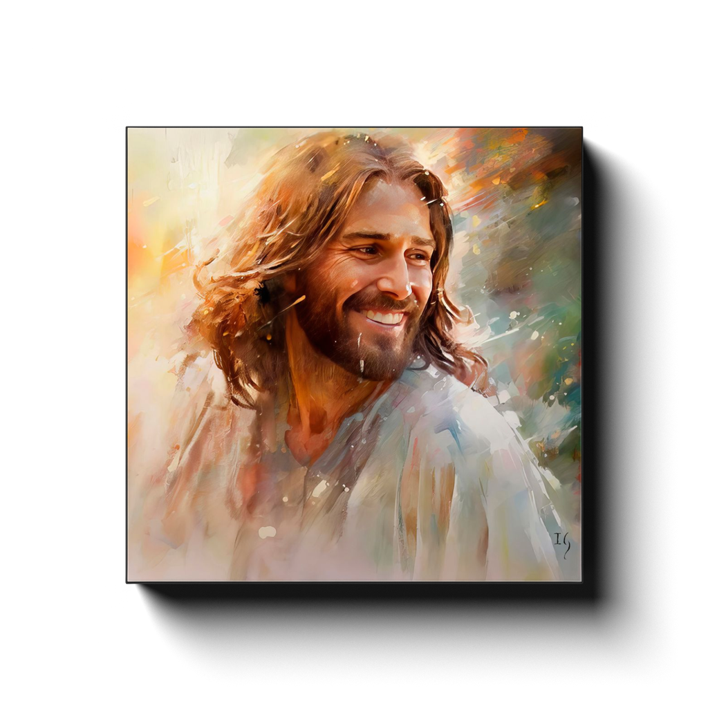 Jesus - Dawn's Gentle Embrace canvas print in room setting - smiling jesus by Ivan Guaderrama