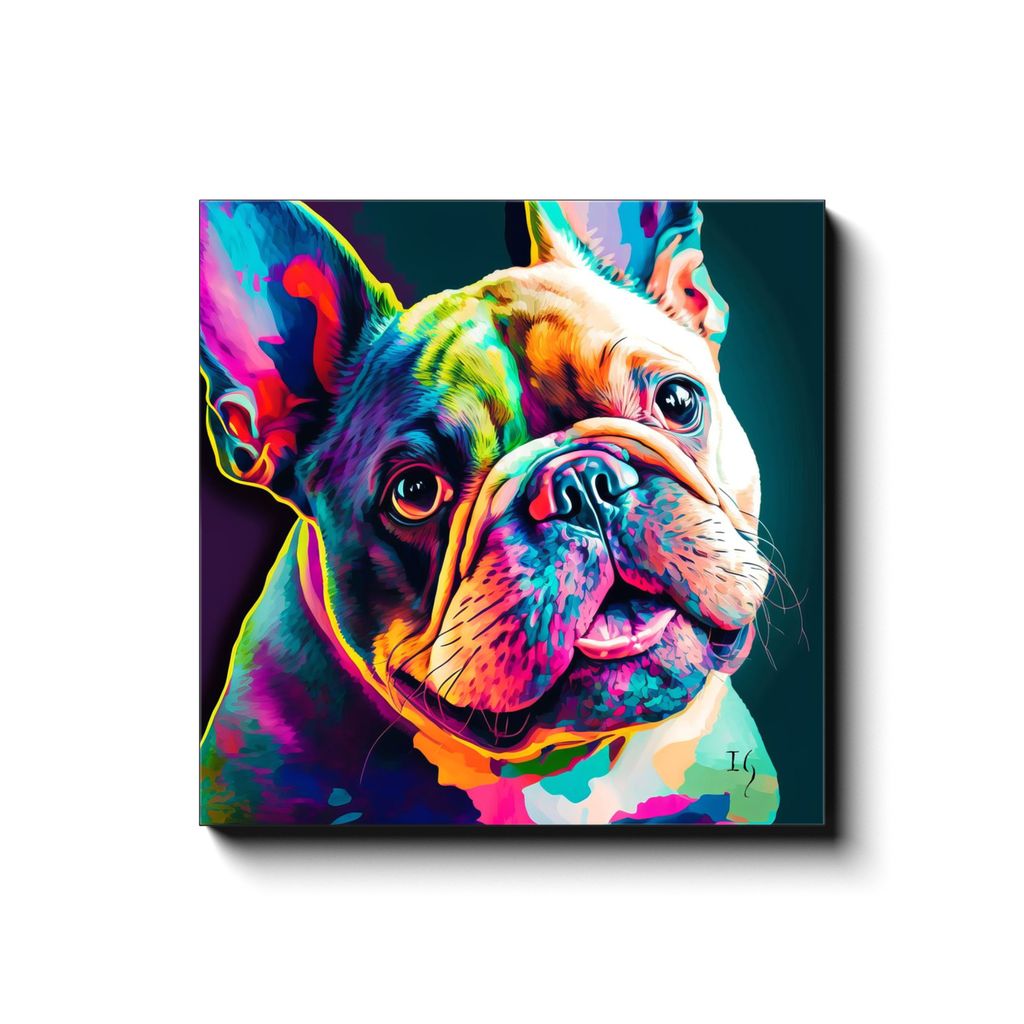 Vivid Bulldog Stare canvas print in room setting - pet portrait art by Ivan Guaderrama