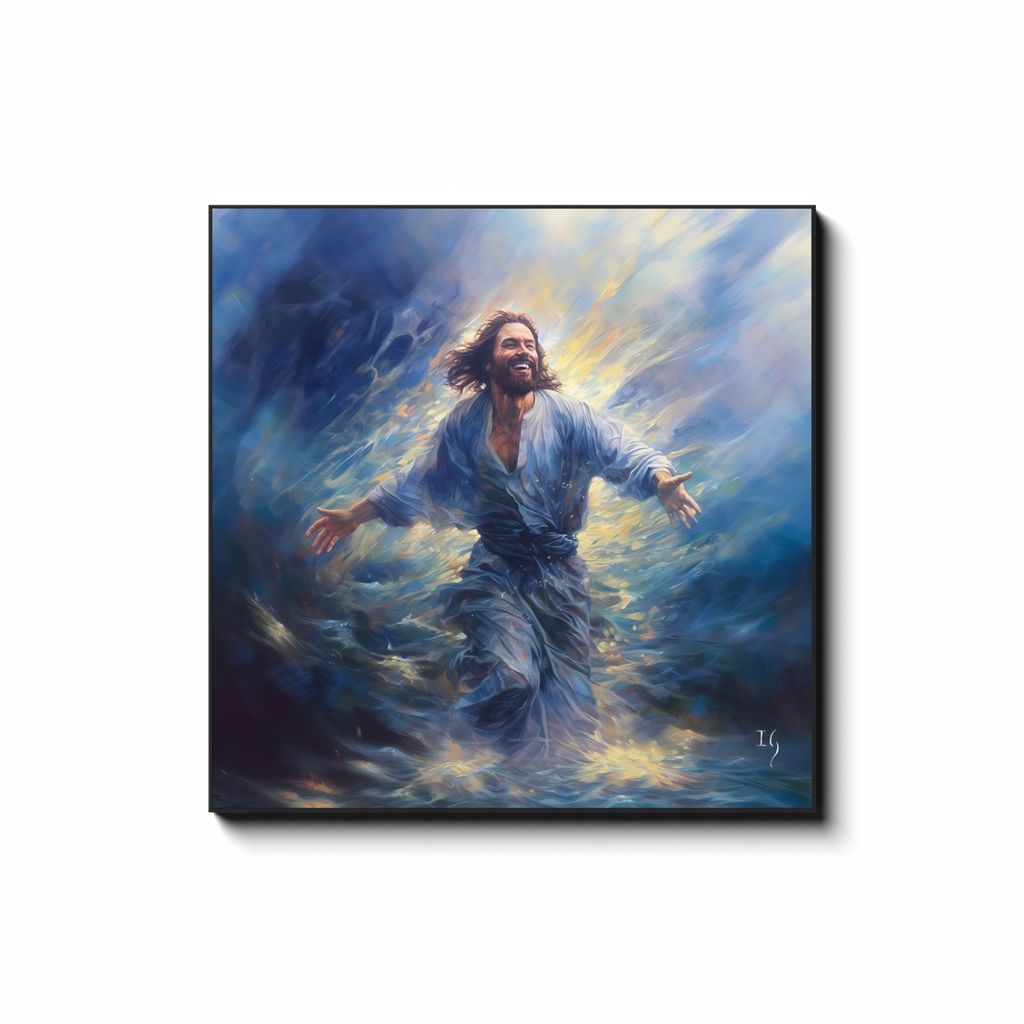 Calmly Conquering the Currents — smiling Jesus painting mastering the storm with divine peace, contemporary Christian wall art by Ivan Guaderrama