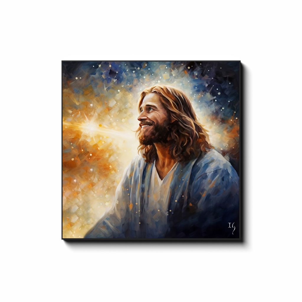 Jesus - Radiance of Divine Revelation — smiling Jesus painting unveiling sacred light, contemporary Christian wall art by Ivan Guaderrama