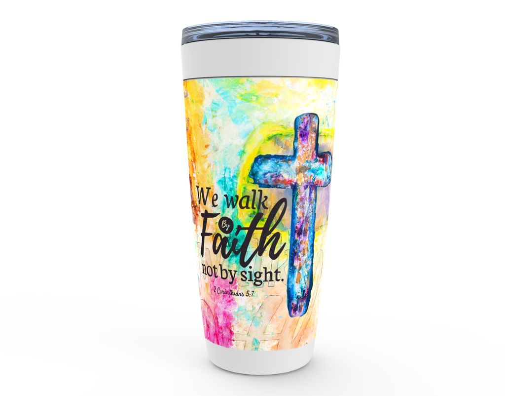 WALK BY FAITH Stainless Steel Tumbler canvas print in room setting - christian tumbler by Ivan Guaderrama