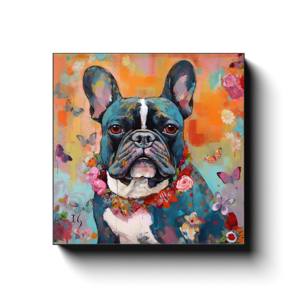 Blossoming Bulldog Brilliance canvas print in room setting - pet portrait art by Ivan Guaderrama