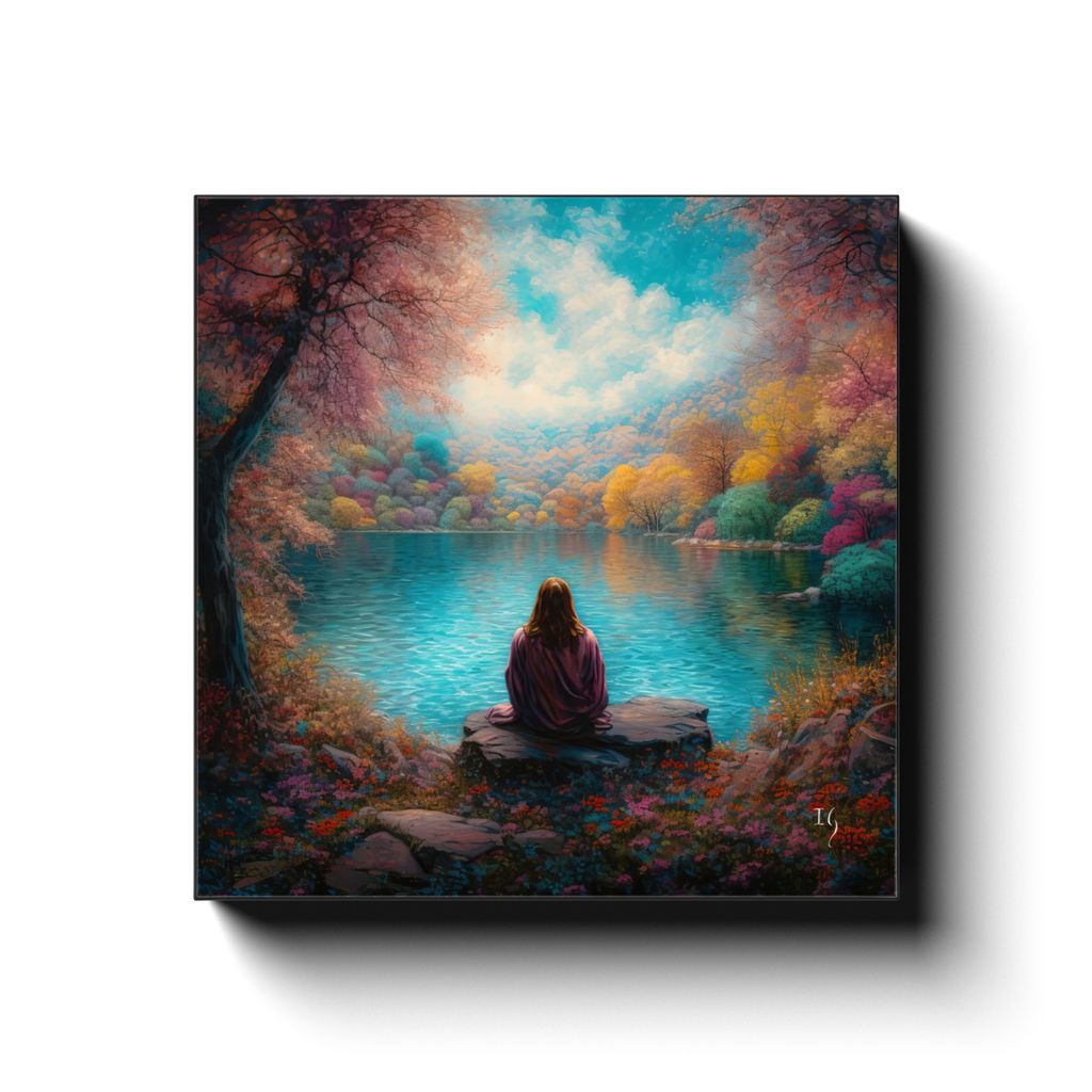 Jesus; Tranquility Embodied on Water canvas print in room setting - smiling jesus by Ivan Guaderrama