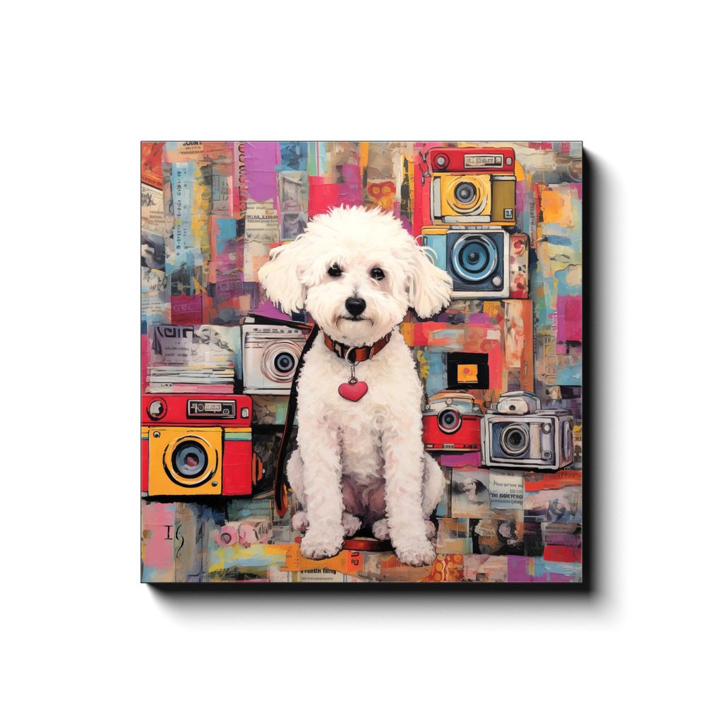 Canine Newsprint Chronicle canvas print in room setting - pet portrait art by Ivan Guaderrama
