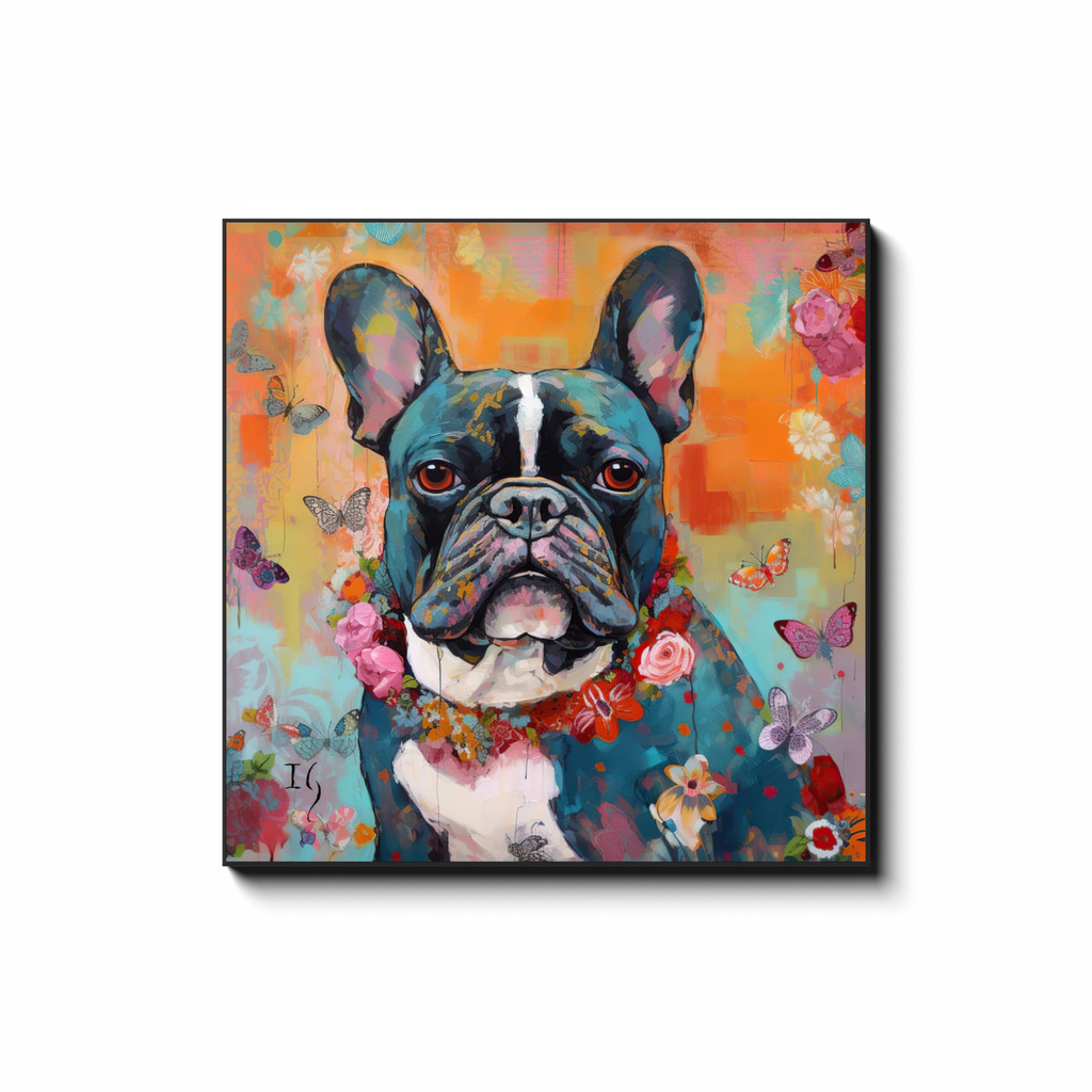 Blossoming Bulldog Brilliance - colorful pet portrait art by Ivan Guaderrama