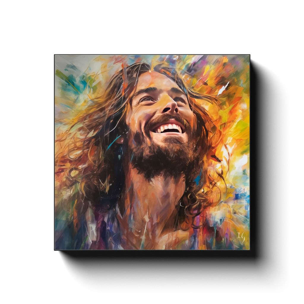 Jesus - Harmony of Hue and Heartbeat canvas print in room setting - smiling jesus by Ivan Guaderrama