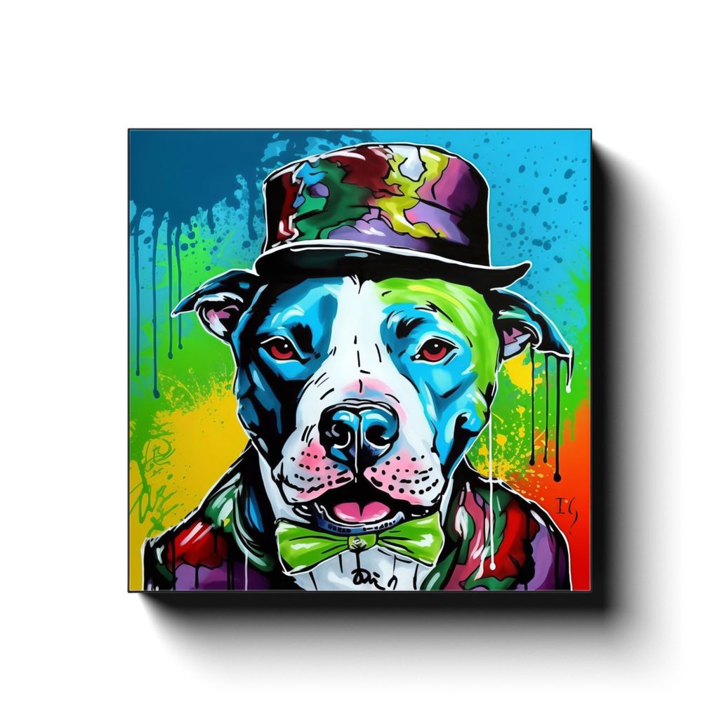 Charming Rainbow Pitbull canvas print in room setting - pet portrait art by Ivan Guaderrama
