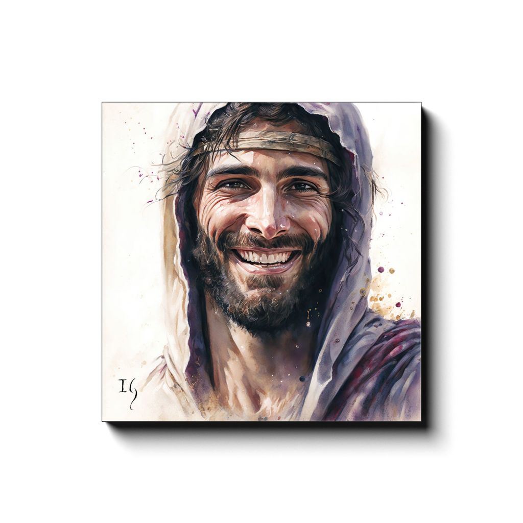 Jesus- Smiling Salvation canvas print in room setting - smiling jesus by Ivan Guaderrama