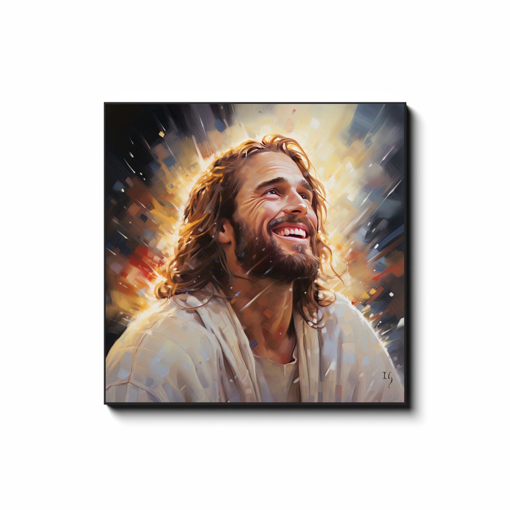 Jesus - Radiant Embrace — smiling Jesus painting wrapped in divine luminous glow, contemporary Christian wall art by Ivan Guaderrama
