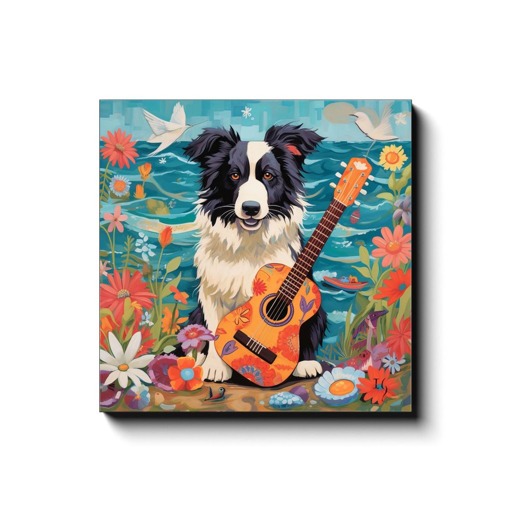 Beachside Collie Charm canvas print in room setting - pet portrait art by Ivan Guaderrama