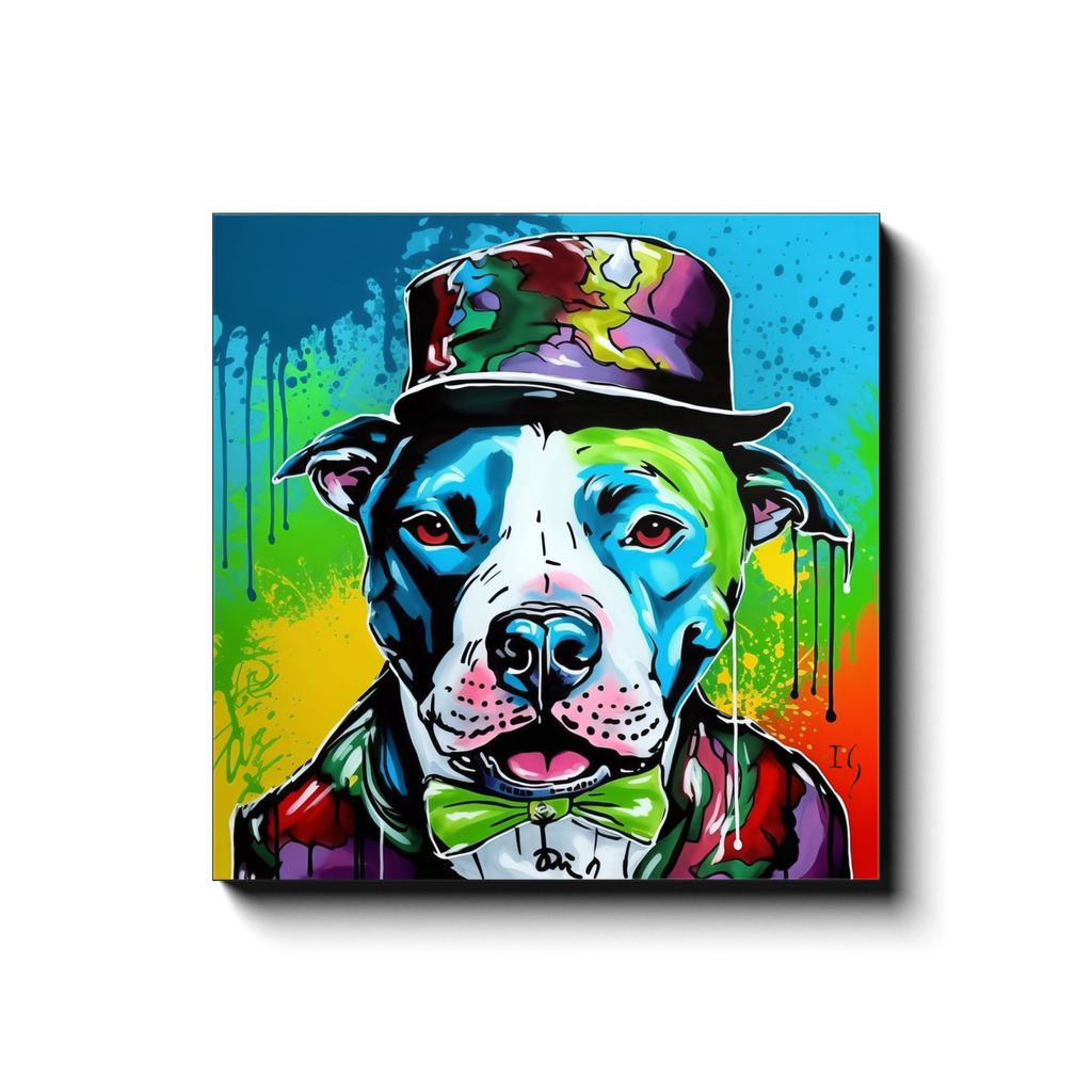 Charming Rainbow Pitbull canvas print in room setting - pet portrait art by Ivan Guaderrama