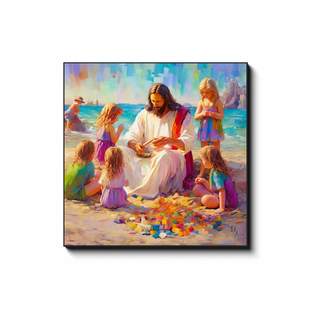 Sands of Serenity: Joyful Teachings — smiling Jesus painting on the shoreline sharing His word, contemporary Christian wall art by Ivan Guaderrama