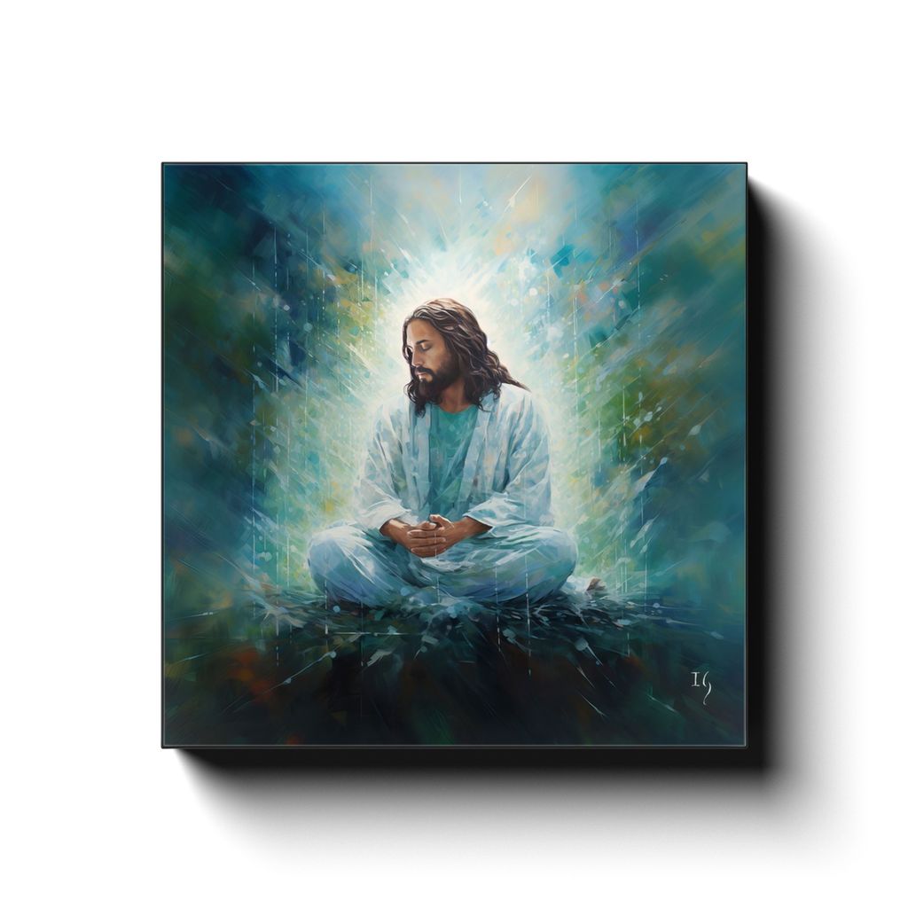 Jesus Serene Meditation canvas print in room setting - smiling jesus by Ivan Guaderrama