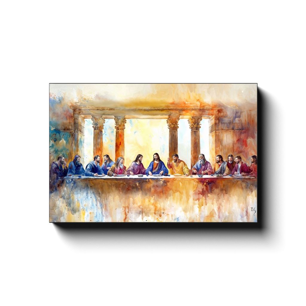 The Last Supper: Whispers of Eternity canvas print in room setting - smiling jesus by Ivan Guaderrama