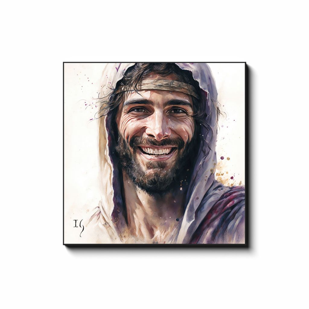 Jesus - Smiling Salvation — smiling Jesus painting embodying joyful redemption and grace, contemporary Christian wall art by Ivan Guaderrama