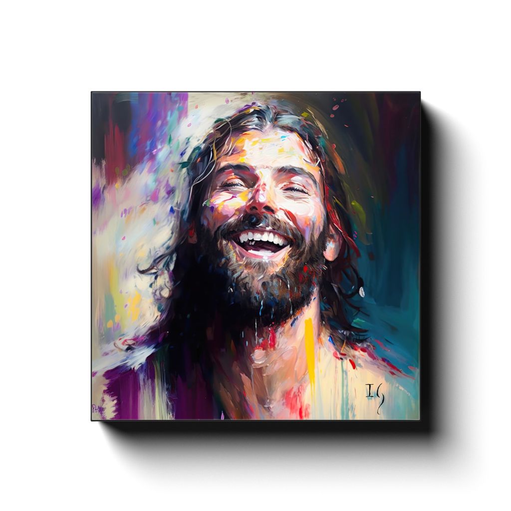 Jesus- Celestial Laughter canvas print in room setting - smiling jesus by Ivan Guaderrama