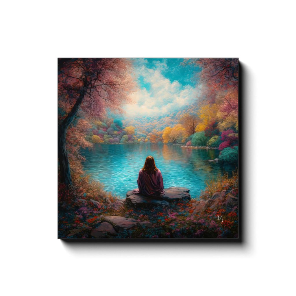 Jesus; Tranquility Embodied on Water canvas print in room setting - smiling jesus by Ivan Guaderrama