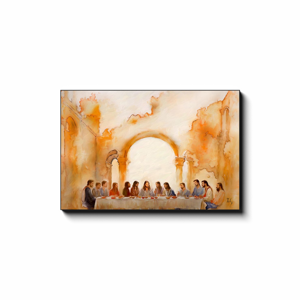 Last Supper Landscape canvas print in room setting - smiling jesus by Ivan Guaderrama