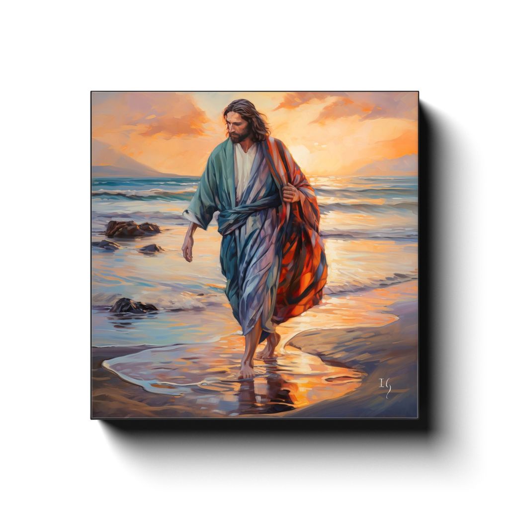Footprints of Faith canvas print in room setting - smiling jesus by Ivan Guaderrama