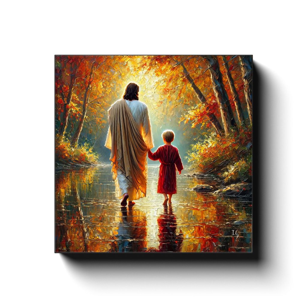 Autumn’s Embrace: Walk of Grace canvas print in room setting - smiling jesus by Ivan Guaderrama