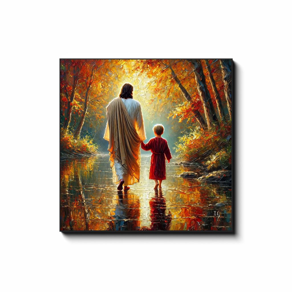 Autumn's Embrace: Walk of Grace — smiling Jesus painting walking with a child in golden autumn tones, contemporary Christian wall art by Ivan Guaderrama