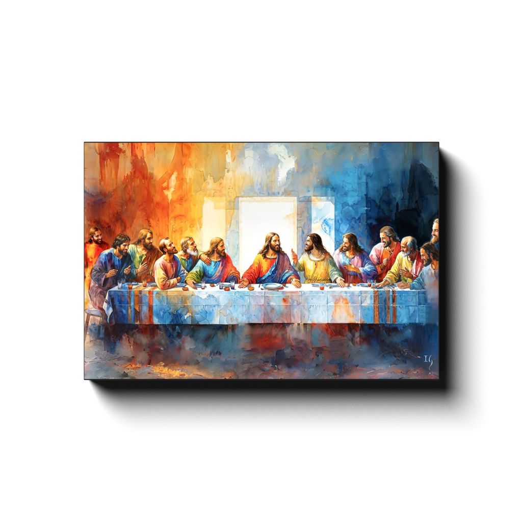 Last Supper - Communion in Color canvas print in room setting - smiling jesus by Ivan Guaderrama