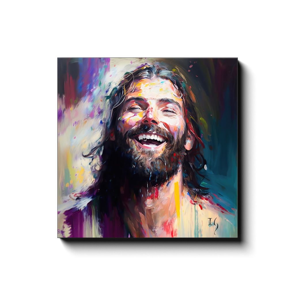 Jesus- Celestial Laughter canvas print in room setting - smiling jesus by Ivan Guaderrama