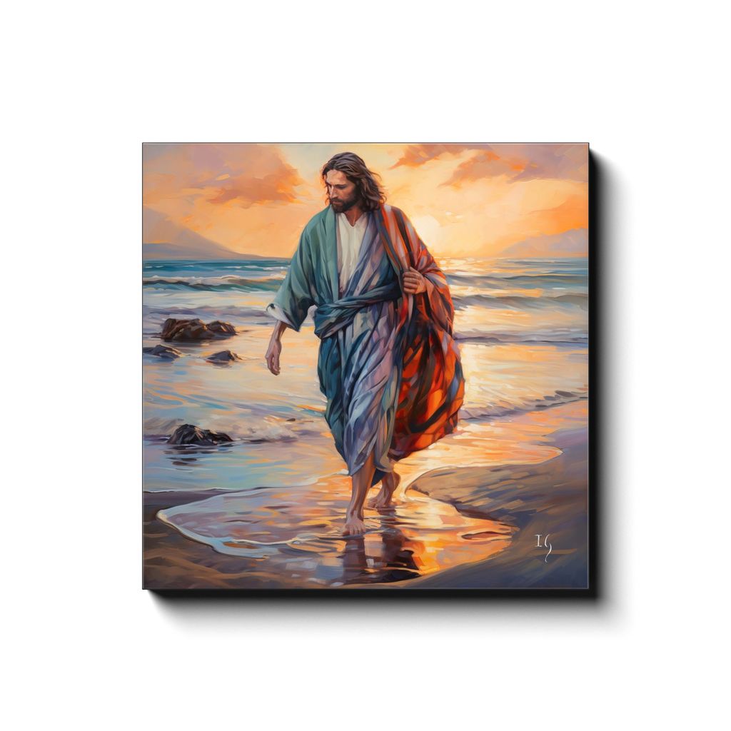 Footprints of Faith canvas print in room setting - smiling jesus by Ivan Guaderrama