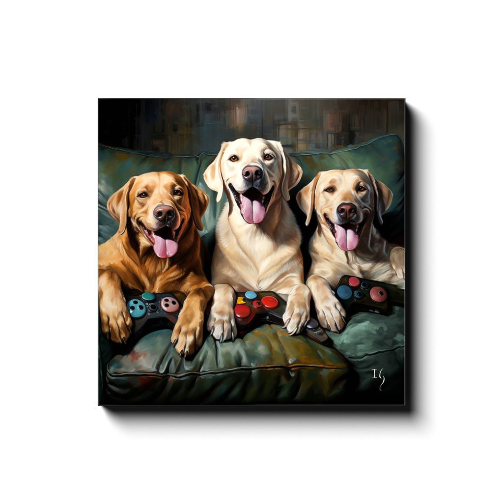 Golden Gaming Joy canvas print in room setting - pet portrait art by Ivan Guaderrama