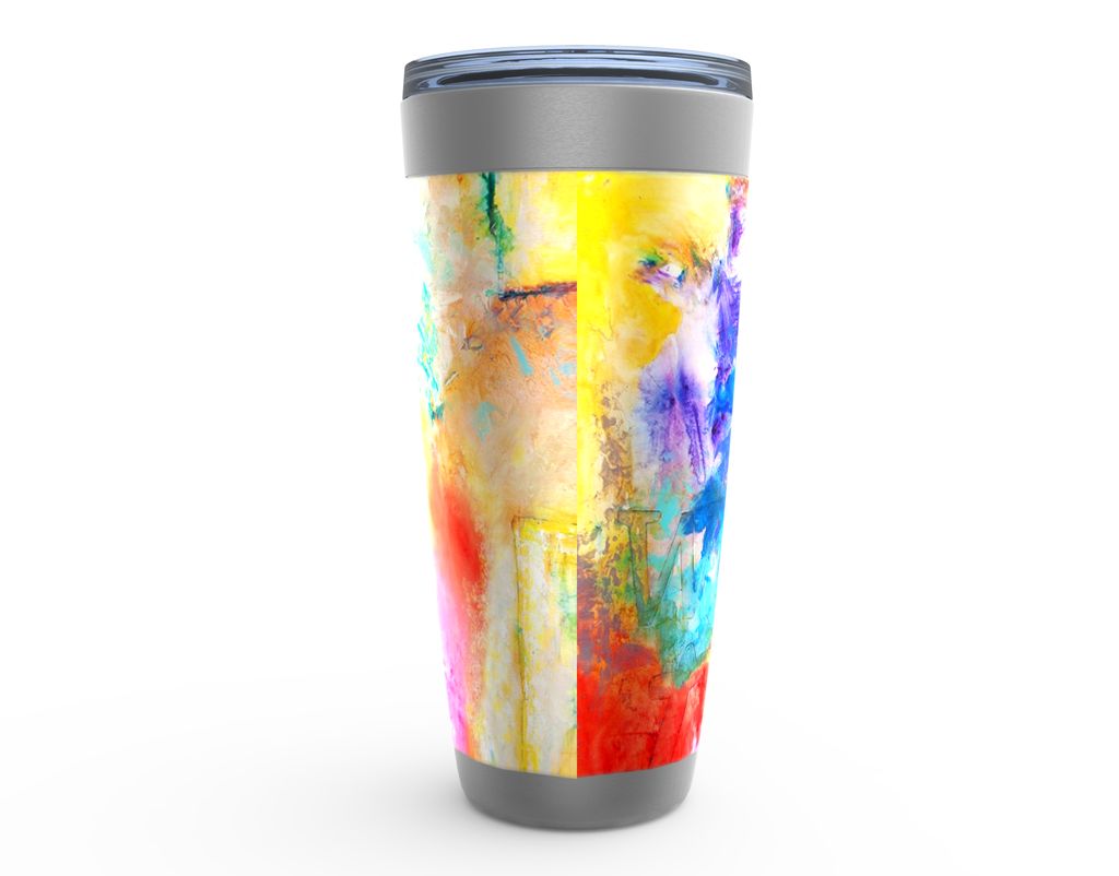 WALK BY FAITH Stainless Steel Tumbler canvas print in room setting - christian tumbler by Ivan Guaderrama