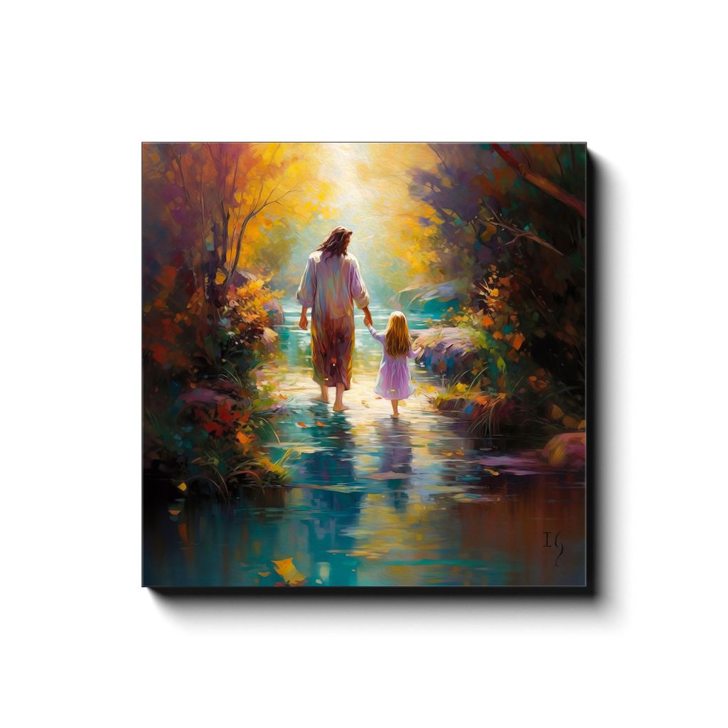 Autumn's Embrace: Walk of Whispers canvas print in room setting - smiling jesus by Ivan Guaderrama