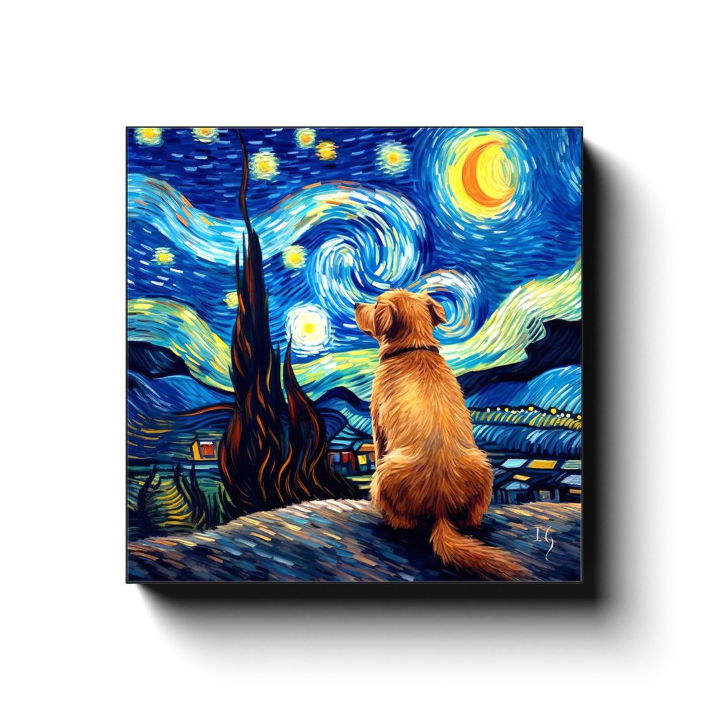 A story of Stars and Night Winds canvas print in room setting - pet portrait art by Ivan Guaderrama