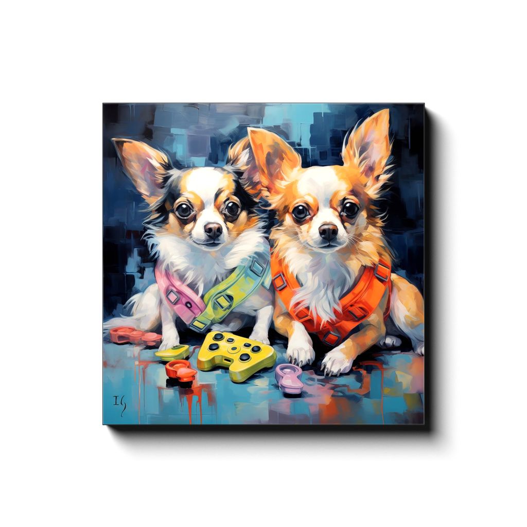 The Gaming Vest Duo canvas print in room setting - pet portrait art by Ivan Guaderrama