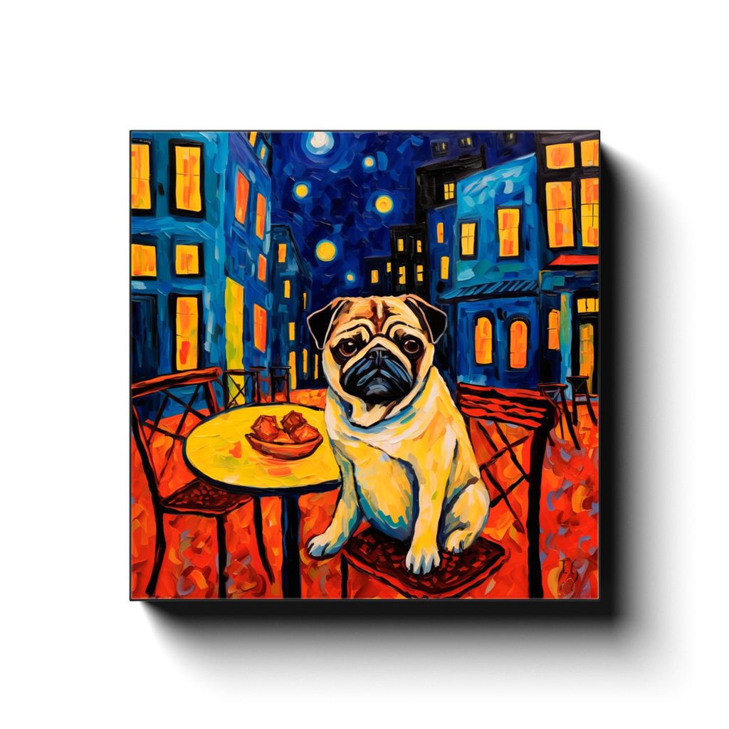 Cafe Canine canvas print in room setting - pet portrait art by Ivan Guaderrama