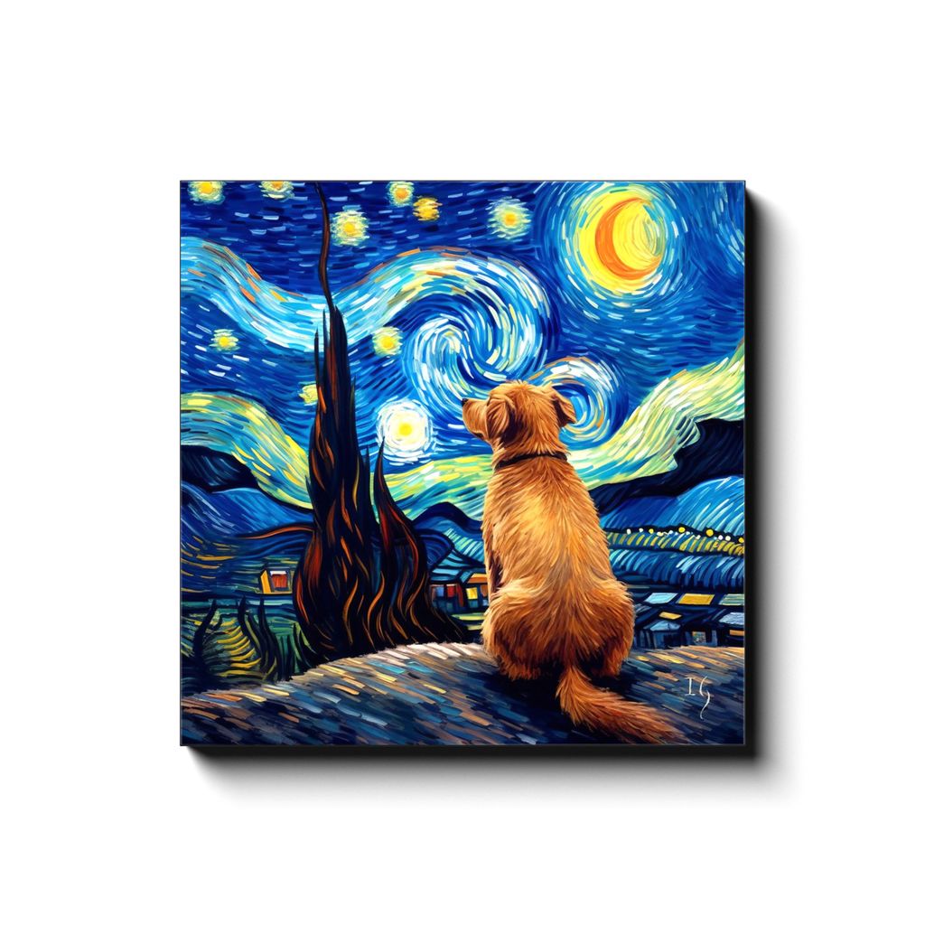A story of Stars and Night Winds canvas print in room setting - pet portrait art by Ivan Guaderrama