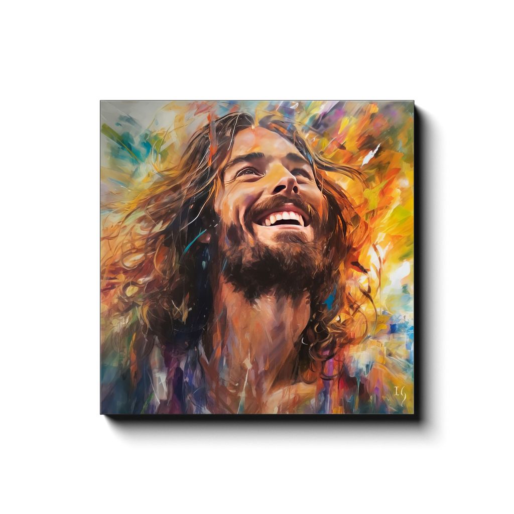 Jesus - Harmony of Hue and Heartbeat canvas print in room setting - smiling jesus by Ivan Guaderrama