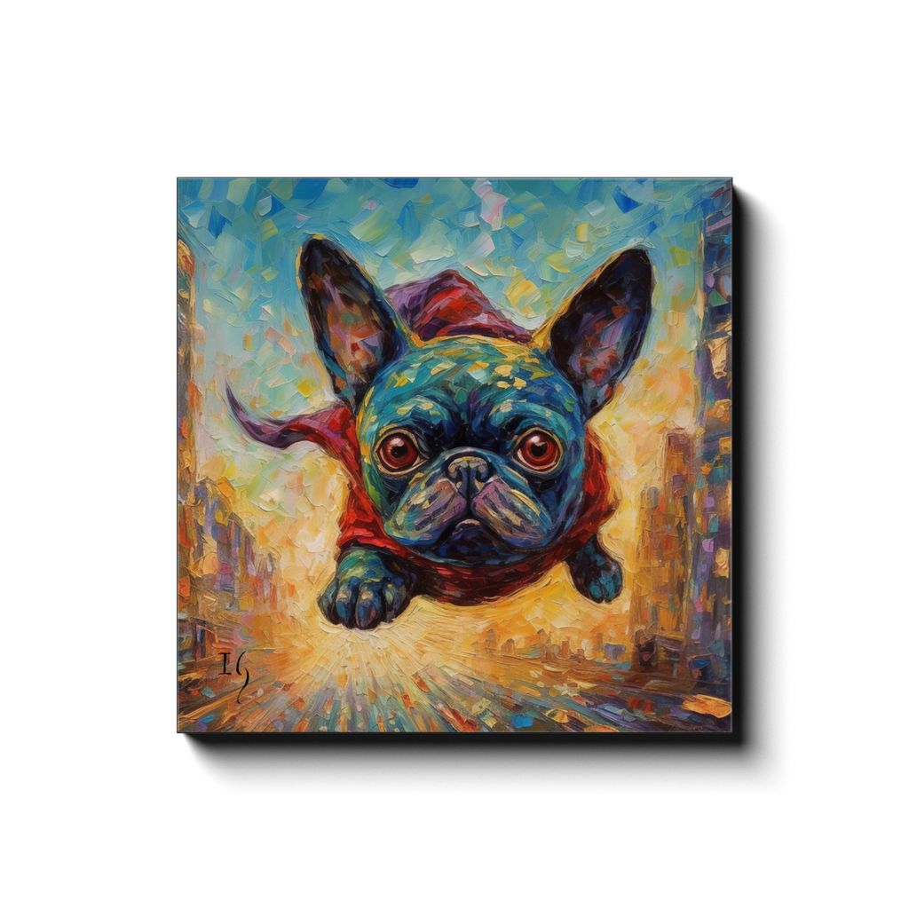 Flight of the Furry Hero canvas print in room setting - pet portrait art by Ivan Guaderrama