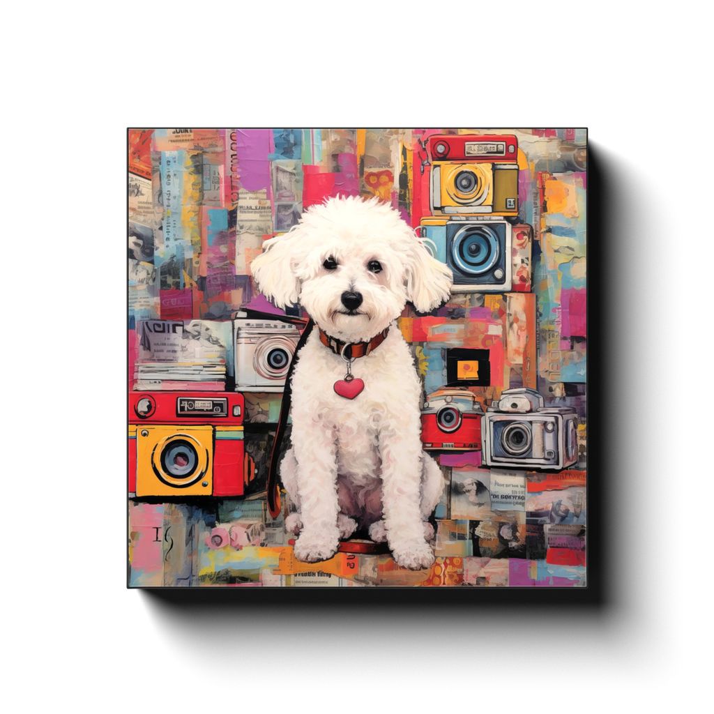 Canine Newsprint Chronicle canvas print in room setting - pet portrait art by Ivan Guaderrama