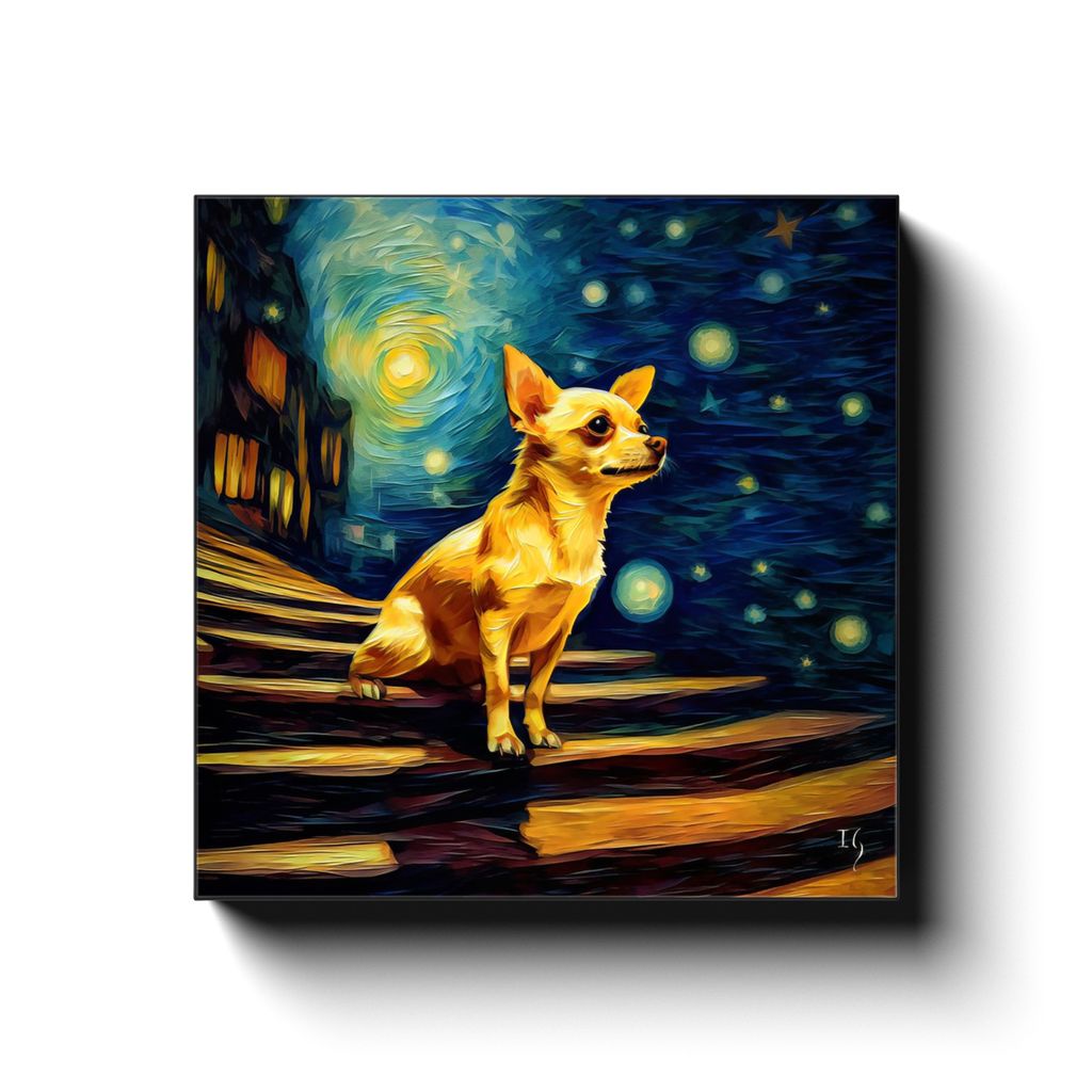 A Chihuahua's Heavenward Gaze canvas print in room setting - pet portrait art by Ivan Guaderrama