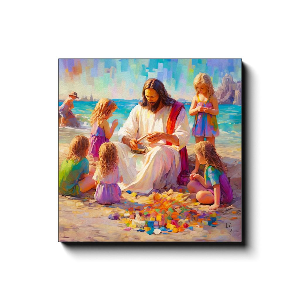 Sands of Serenity: Joyful Teachings canvas print in room setting - smiling jesus by Ivan Guaderrama