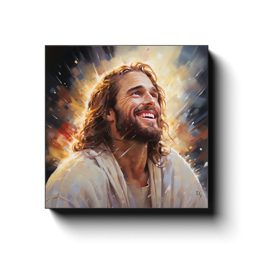 Jesus - Radiant Embrace canvas print in room setting - smiling jesus by Ivan Guaderrama