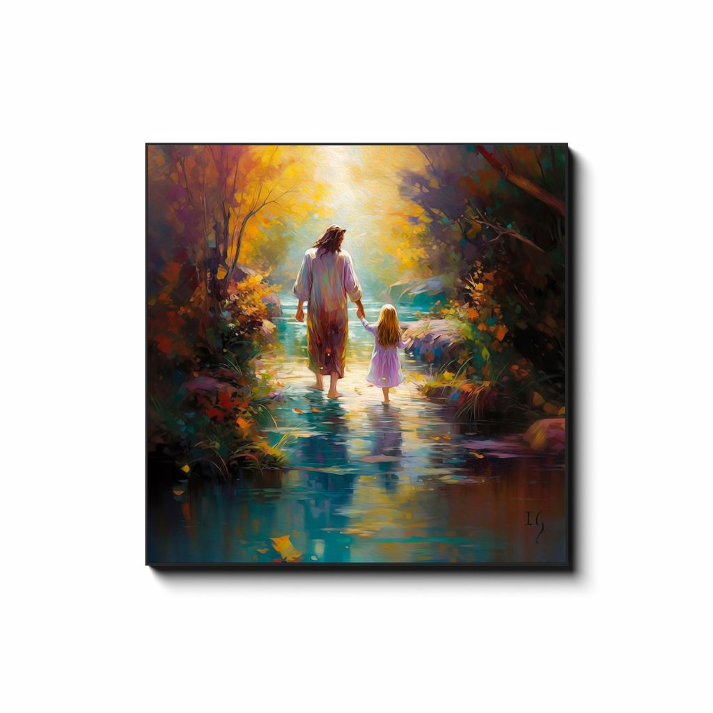 Autumn's Embrace: Walk of Whispers — smiling Jesus painting walking with a child in autumn light, contemporary Christian wall art by Ivan Guaderrama