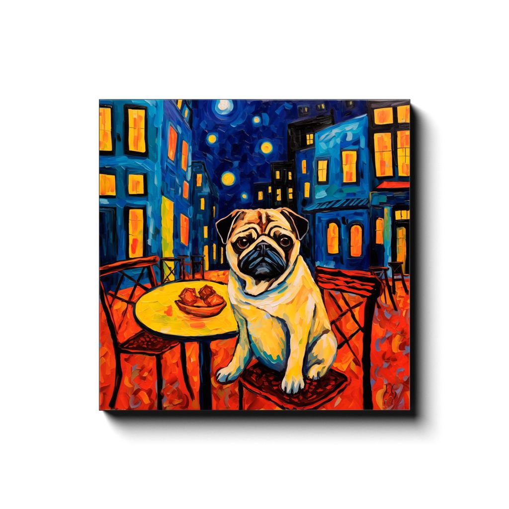 Cafe Canine canvas print in room setting - pet portrait art by Ivan Guaderrama