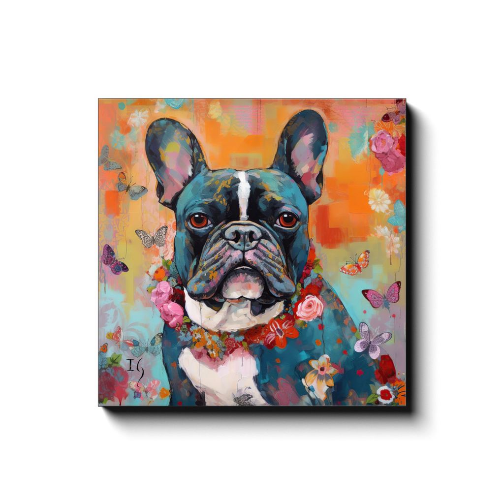 Blossoming Bulldog Brilliance canvas print in room setting - pet portrait art by Ivan Guaderrama