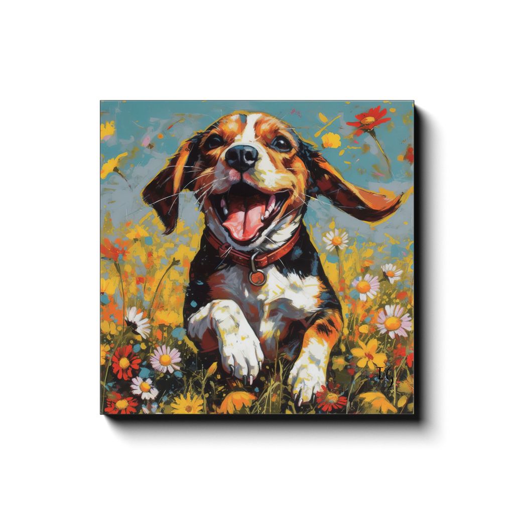 Daisy Field Frolic canvas print in room setting - pet portrait art by Ivan Guaderrama