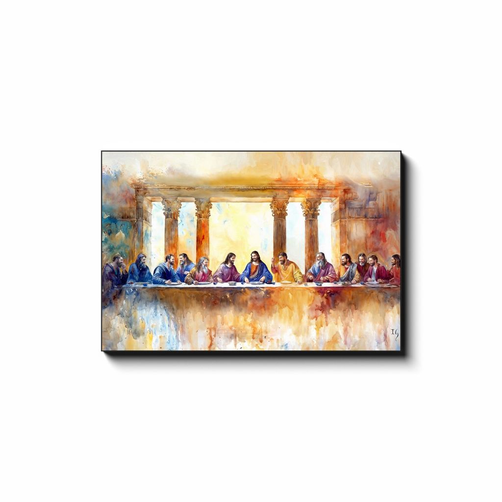 The Last Supper: Whispers of Eternity canvas print in room setting - smiling jesus by Ivan Guaderrama