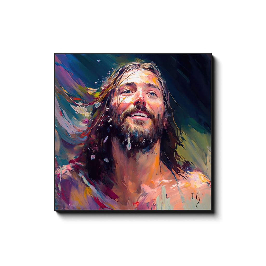 Jesus - Joyful Messiah — smiling Jesus painting bursting with sacred joy and celebration, contemporary Christian wall art by Ivan Guaderrama