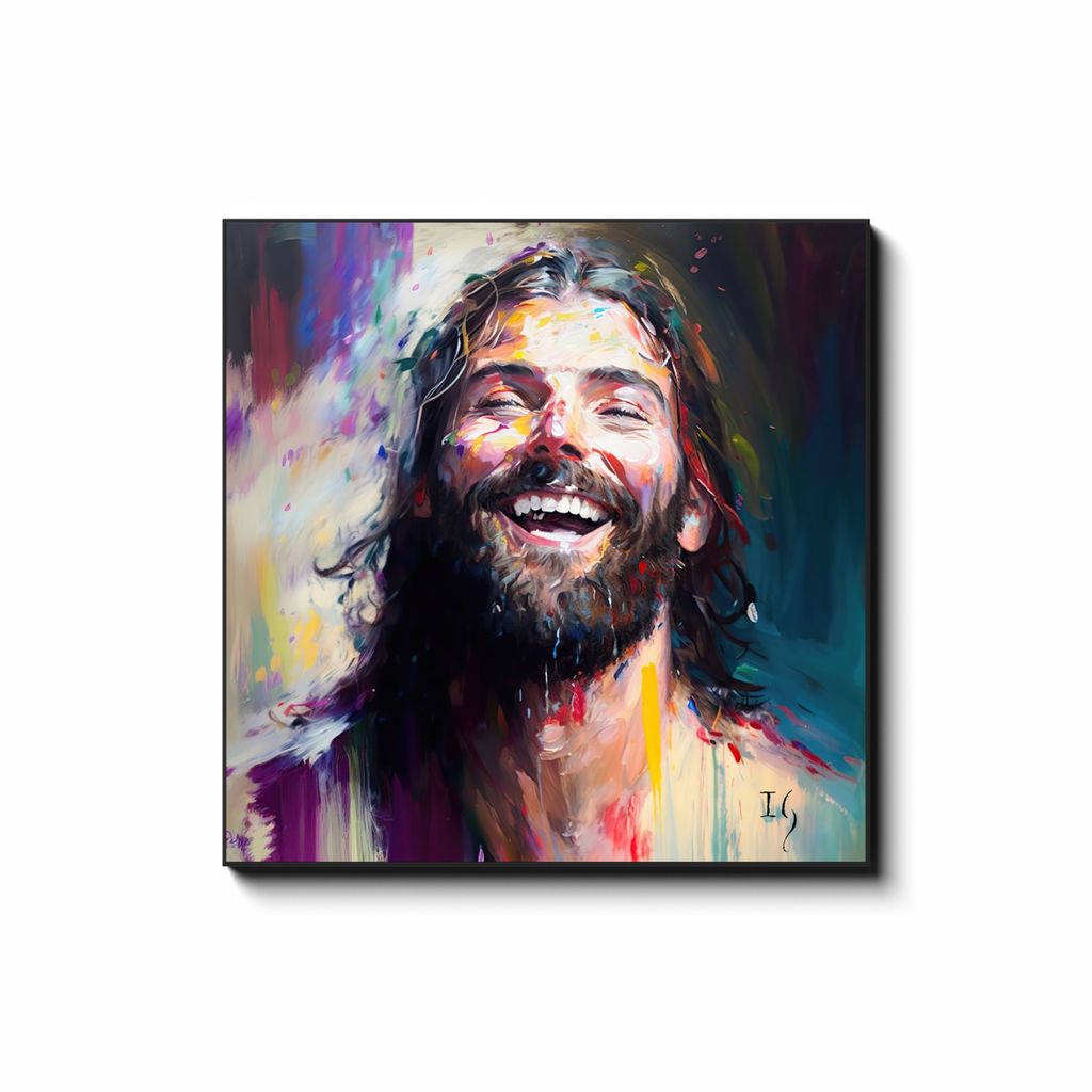 Jesus - Celestial Laughter — smiling Jesus painting echoing the joy of heaven, contemporary Christian wall art by Ivan Guaderrama